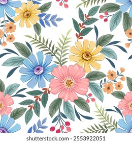 Beautiful blooming flowers on light color background seamless pattern for fabric textile wallpaper.