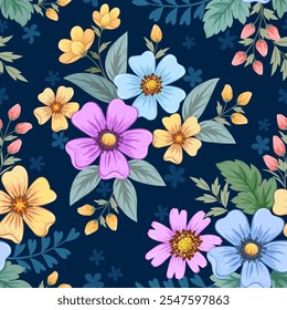 Beautiful blooming flowers  on navy blue background seamless pattern for fashion design print fabric textile wallpaper gift wrapping.