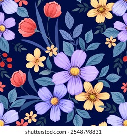 Beautiful blooming flowers on navy blue background seamless pattern for fashion design print fabric textile wallpaper gift wrapping.