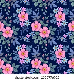 Beautiful blooming flowers on navy blue background seamless pattern for fashion design print fabric textile wallpaper gift wrapping.