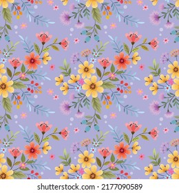 Beautiful blooming flowers on purple color background seamless pattern. Can be used for fabric textile wallpaper.
