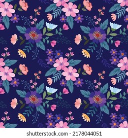 Beautiful blooming flowers on purple color background seamless pattern. Can be used for fabric textile wallpaper.