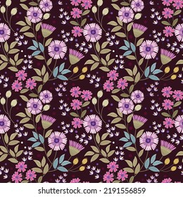 Beautiful blooming flowers on purple color background seamless pattern. Can be used for fabric textile wallpaper.