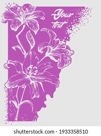 Beautiful blooming flowers. Vintage greeting card. Frame. Drawing engraving. Lilies wildflowers isolated floral.