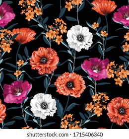 Beautiful blooming garden flowers in the night seamless pattern vector hand drwan style ,Design for fashion,fabric,web,wallpaper,wrapping,cover abd on prints on black