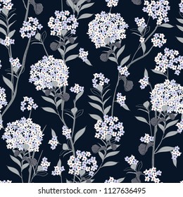  Beautiful blooming hydrangea flowers seamless pattern vector for fashion wallpaprer fabric and all prints on navy blue background