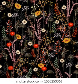 Beautiful blooming meadow flowers in many kind of florals hand drawn style seamless pattern in vector ,Design for fashion,fabric,web,wallpaper,wrapping and all prints on black background color 