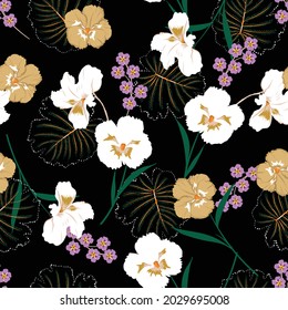 Beautiful blooming pansy Flowers and Botanical plants flowers seamless pattern vector EPS10,Design for fashion , fabric, textile, wallpaper, cover, web , wrapping and all prints on black