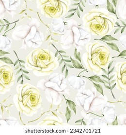 beautiful blooming roses and leaves seamless pattern