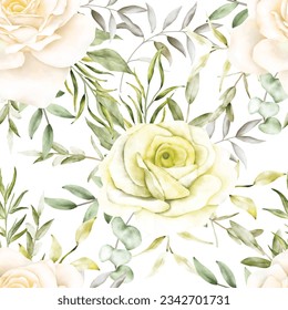 beautiful blooming roses and leaves seamless pattern