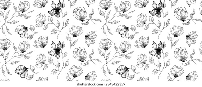 Hermoso patrón de floración sin fisuras con Lilly. Ilustración de dibujo manual sobre fondo verde.