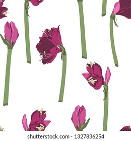 Beautiful blooming seamless pattern with pink Lilies flowers. Hand drawing illustration on white background.