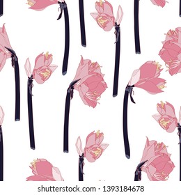 Beautiful blooming seamless pattern with pink Lilies flowers. Hand drawing illustration on white background.