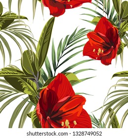 Hermoso patrón de flor sin fisuras con flores rojas Lilies y hojas tropicales de palma. Ilustración de dibujo manual sobre fondo blanco.