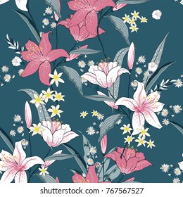 Beautiful blooming seamless pattern with white and pink Lilly. Hand drawing illustration on green background.