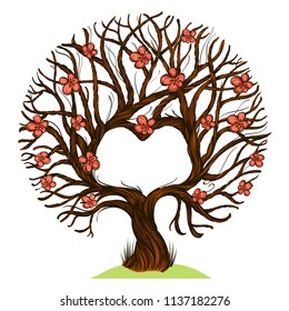 Beautiful blooming tree with branches in the shape of heart. Love tree. Decorative design element for Valentine's Day, computer games and much more.