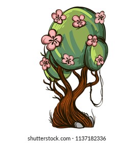 Beautiful blooming tree in cartoon style. Landscape element for game design and animation. Vector illustration isolated on white background.