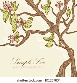 Beautiful blooming tree with leaves and flowers romantic postcard