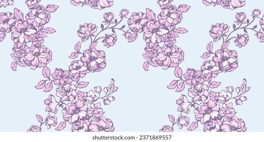 Beautiful, blooming, vintage floral pattern in many kinds of flowers. Abstract, stylized seamless background print . Vector hand drawn flowers. Floral tapestry.