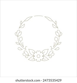 Beautiful blossom flower round frame line art golden decor element for logo design vector illustration. Elegant romantic blooming floral circle border minimalist decorative contour design for emblem