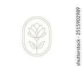 Beautiful blossom lotus flower in golden ellipse frame line art icon vector illustration. Natural beauty organic floral herb plant luxury emblem logo for premium spa wellness salon cosmetology