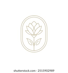 Beautiful blossom lotus flower in golden ellipse frame line art icon vector illustration. Natural beauty organic floral herb plant luxury emblem logo for premium spa wellness salon cosmetology