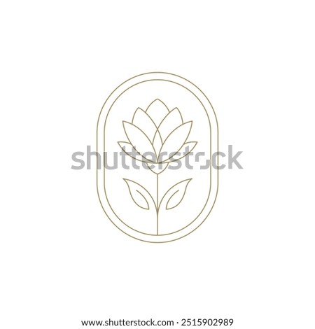 Beautiful blossom lotus flower in golden ellipse frame line art icon vector illustration. Natural beauty organic floral herb plant luxury emblem logo for premium spa wellness salon cosmetology