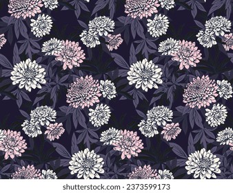 Beautiful blossoms flowers dahlia and branches leaves seamless pattern. Vector hand drawn. Abstract, artistic, white pink dahlias, peonies and leaves on a black grey background. Template for design