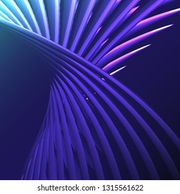 Beautiful blue abstract magic energy electric spiral twisted cosmic fire lattices from lines, strips, sticks, rods shining glowing on a blue background. Vector illustration. Texture.