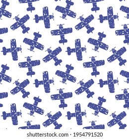 Beautiful blue airplanes biplanes isolated on white background. Cute monochrome grunge seamless pattern. Vector simple flat graphic illustration. Texture.