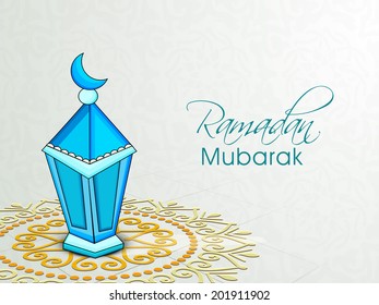 Beautiful blue arabic lantern on floral decorated grey background for the holy month of Muslim community Ramadan Mubarak celebrations.