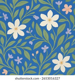 Um belo fundo azul adornado com flores brancas e folhas verdes