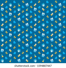 A beautiful blue background with many different objects: colorful gifts, bells, heart and bows. Great for creating gift wrapping, wrappers, covers, savers or posters.
