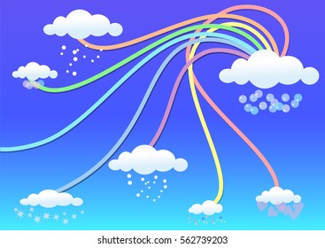 Beautiful blue background with a rainbow and magic clouds
