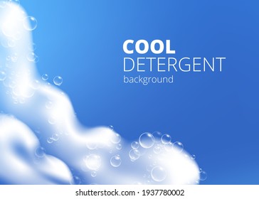 Beautiful blue background with realistic Soap foam with bubbles. Shiny washing hygiene detergent. Shampoo bubbles texture. Vector illustration