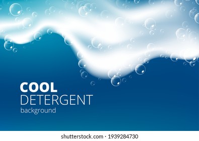 Beautiful blue background with realistic Soap foam with bubbles. Shiny washing hygiene detergent. Shampoo bubbles texture. Vector illustration