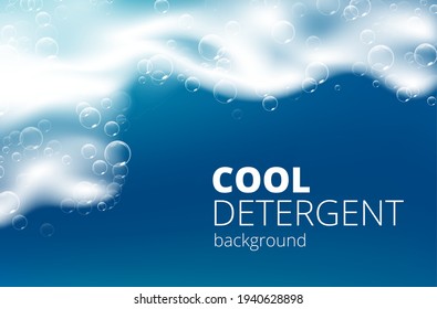 Hermoso fondo azul con espuma realista de jabón con burbujas. La textura de burbujas de champú. Detergente de higiene de lavado brillante. Texto diseñado. Ilustración del vector