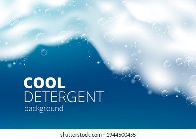 Hermoso fondo azul con espuma realista de jabón con burbujas. La textura de burbujas de champú. Detergente de higiene de lavado brillante. Texto diseñado. Ilustración del vector