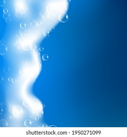Beautiful blue background with realistic Soap foam with bubbles. Shampoo bubbles texture. Shiny washing hygiene detergent. Empty place for your text. Vector illustration