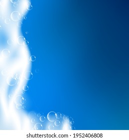 Beautiful blue background with realistic Soap foam with bubbles. Shampoo bubbles texture. Shiny washing hygiene detergent. Empty place for your text. Vector illustration