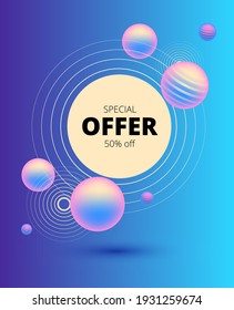 Hermoso fondo azul con círculos delgados y bolas voladoras y letras Oferta especial