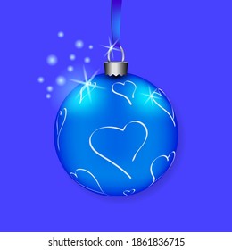 Beautiful blue ball with hearts drawn on a blue background. Christmas decoration.