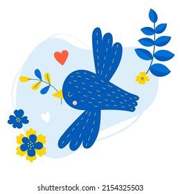 Beautiful blue bird dove of peace with branch in its beak on decorative background with flowers. Vector illustration for decor, design, print, covers, valentines, romantic cards and postcards