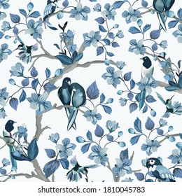 Beautiful blue bird in blue flower garden,illustration vector doodle comic art.