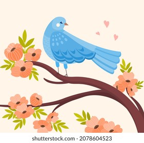 Beautiful blue bird. Stylish postcard, greeting card. Date wedding invitation. Nature fauna, animals wildlife, outdoor. Tree branch , foliage pattern, plant. Cartoon flat vector illustration