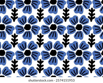 Beautiful blue blooming garden flowers with black branch, leaf.. Ornament. Stylish seamless vector pattern for design and decoration.