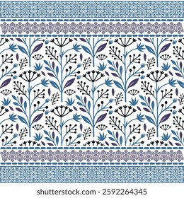 beautiful blue bohemian floral seamless pattern with retro border for textile and carpet design
