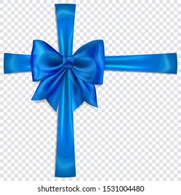 Beautiful blue bow with crosswise ribbons with shadow on transparent background