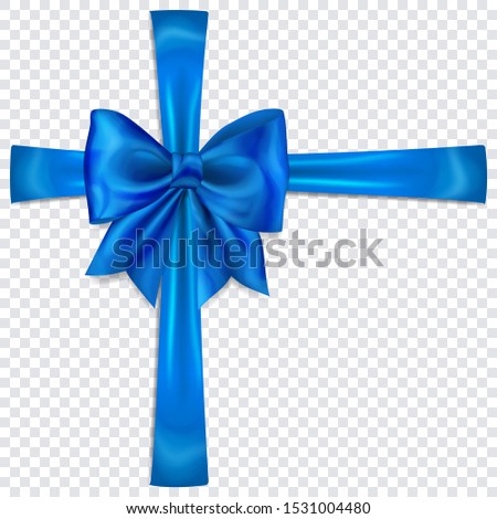 Beautiful blue bow with crosswise ribbons with shadow on transparent background