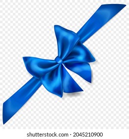 Beautiful blue bow with diagonally ribbon with shadow, isolated on transparent background. Transparency only in vector format